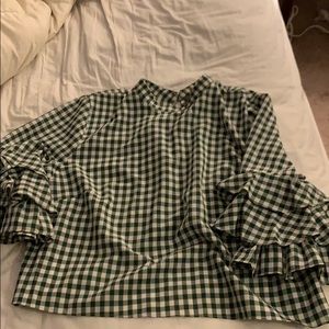 Gingham top with mock neck and bell sleeves